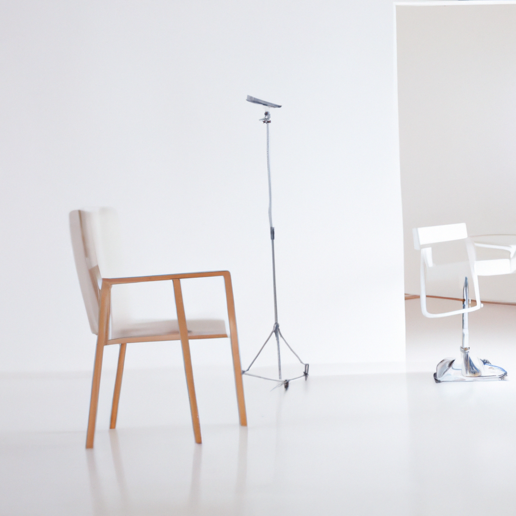 미니멀 화이트 스튜디오 인테리어, 부드러운 자연광, 원목 가구, 하이키 톤